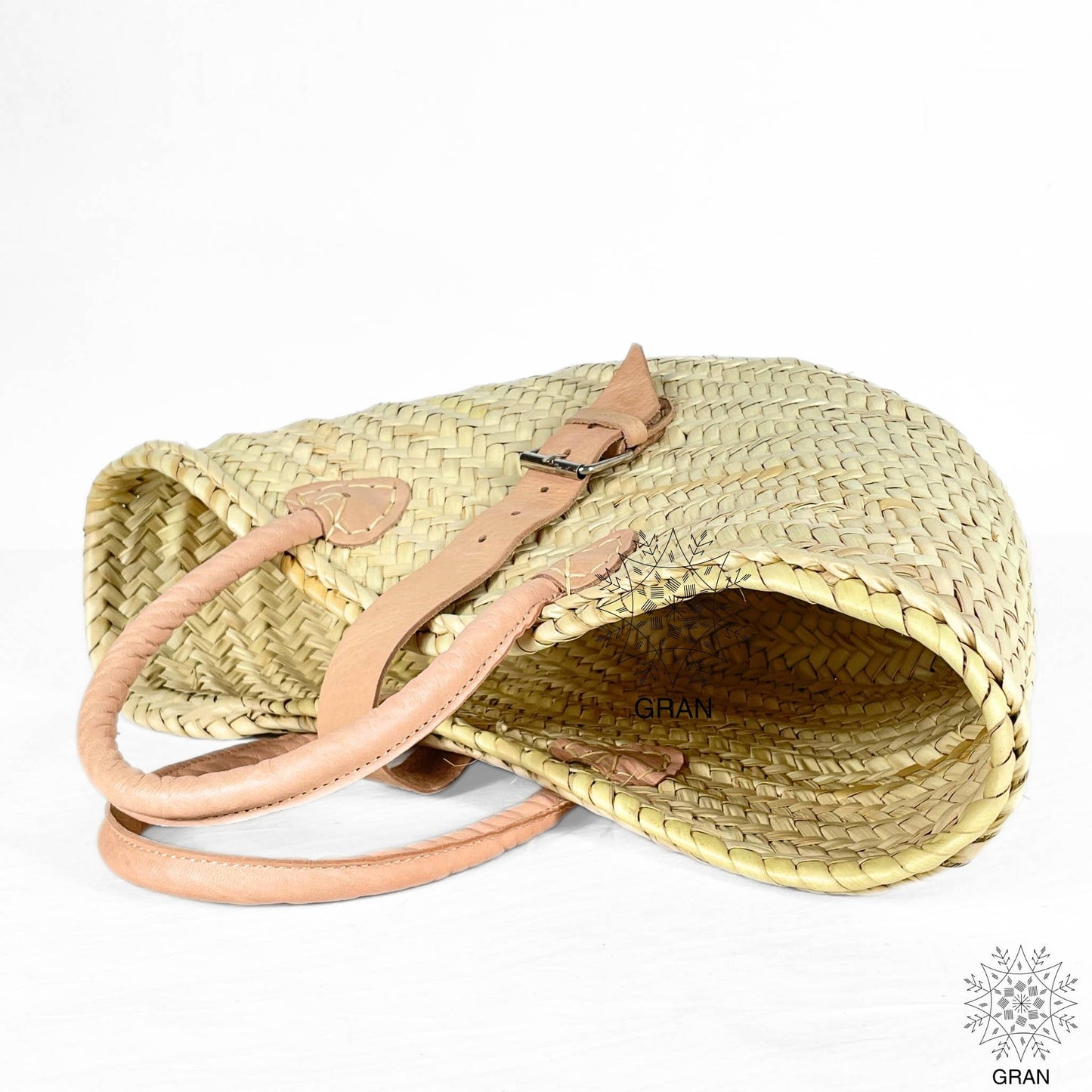 Straw Basket with Leather Buckle & Handle