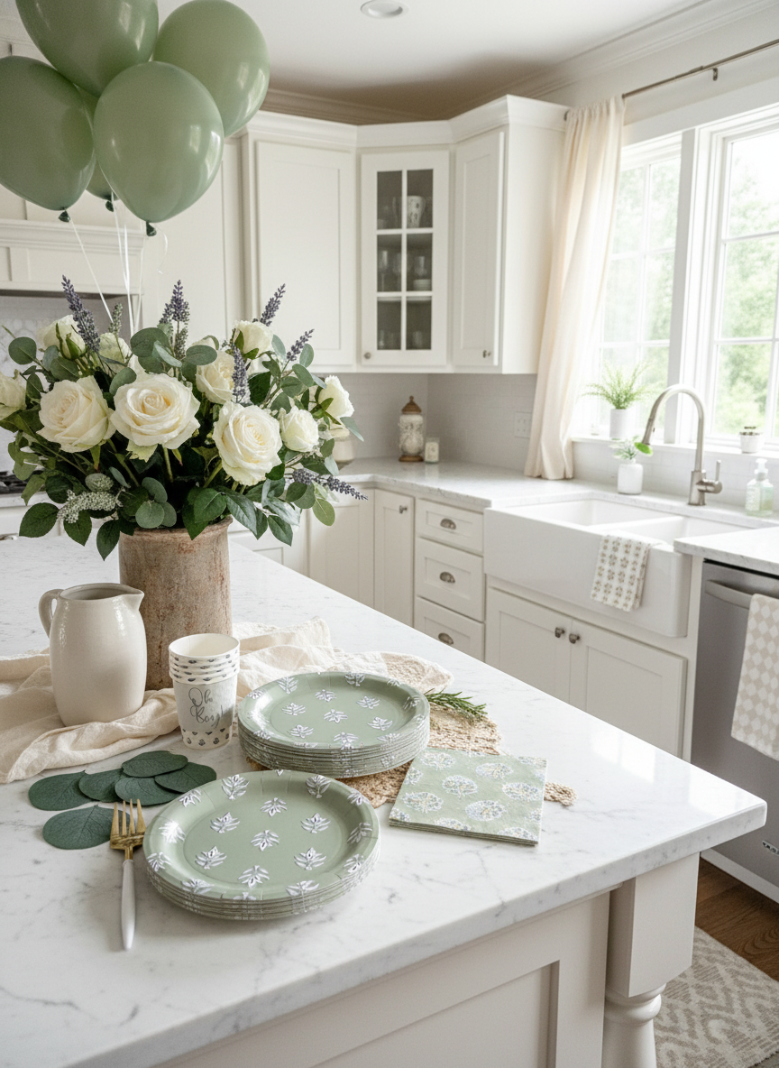 Sage Green Floral Block Print Paper Plates - Premium Party Plates