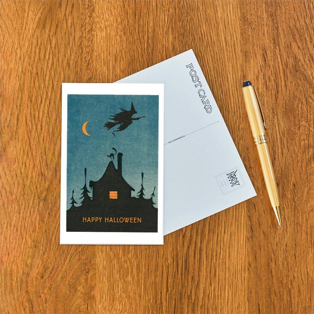 Postcard HW-195 Happy Halloween, Witch Flying over House