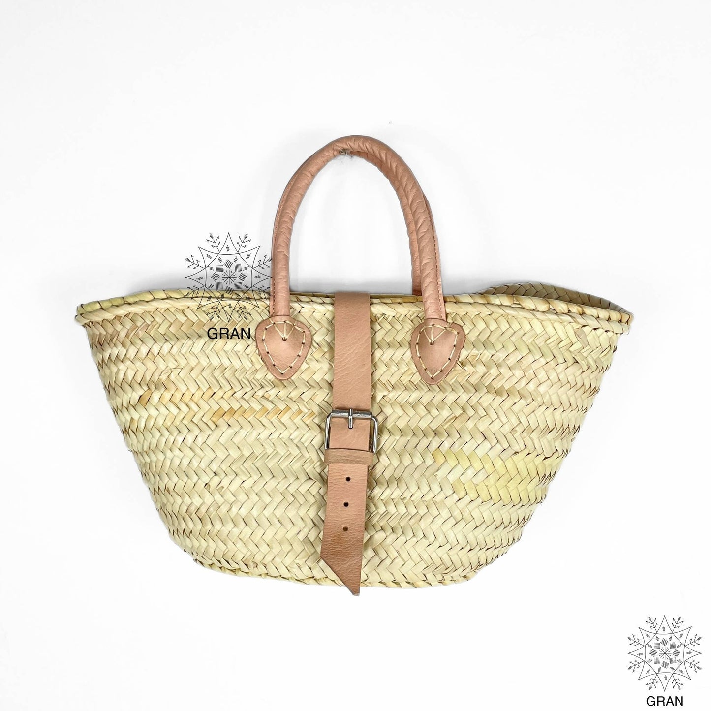 Straw Basket with Leather Buckle & Handle