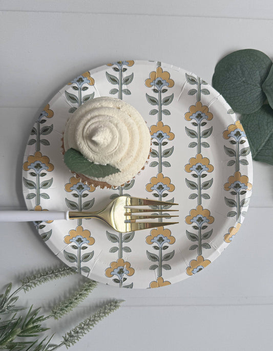 Amber and Blue Block Print Cake Plates | 7" Scalloped | Set of 8 | Boho Party