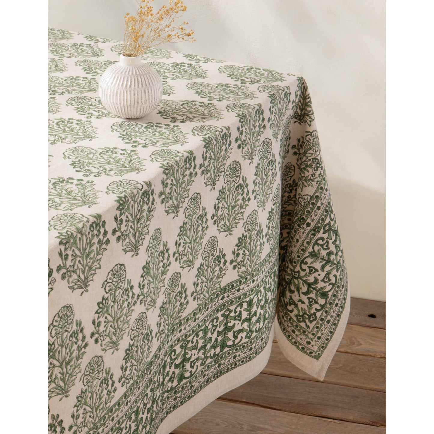 Viridian Block Print Tablecloth 60 x 84 inch