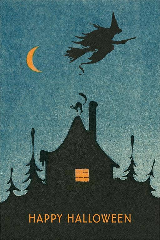 Postcard HW-195 Happy Halloween, Witch Flying over House