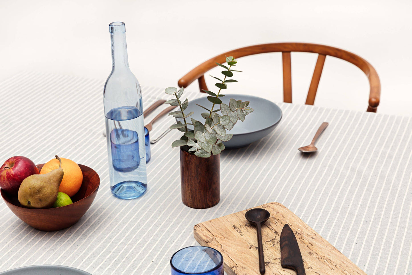 Dusty Blue Striped Tablecloth - Upcycled Cotton