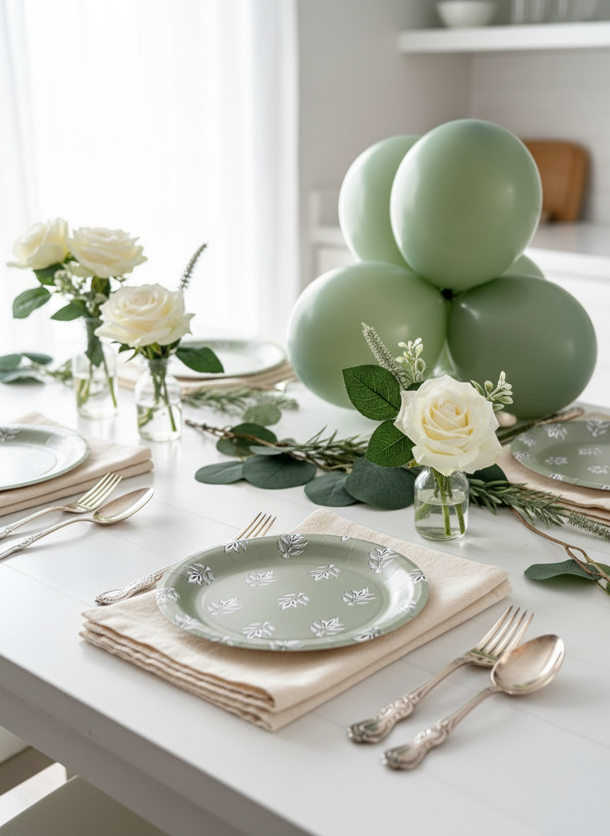 Sage Green Floral Block Print Paper Plates - Premium Party Plates