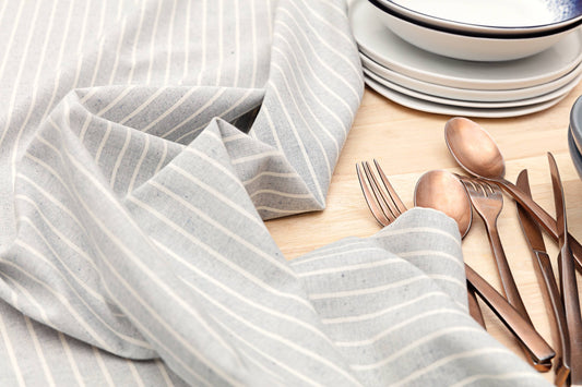 Dusty Blue Striped Tablecloth - Upcycled Cotton