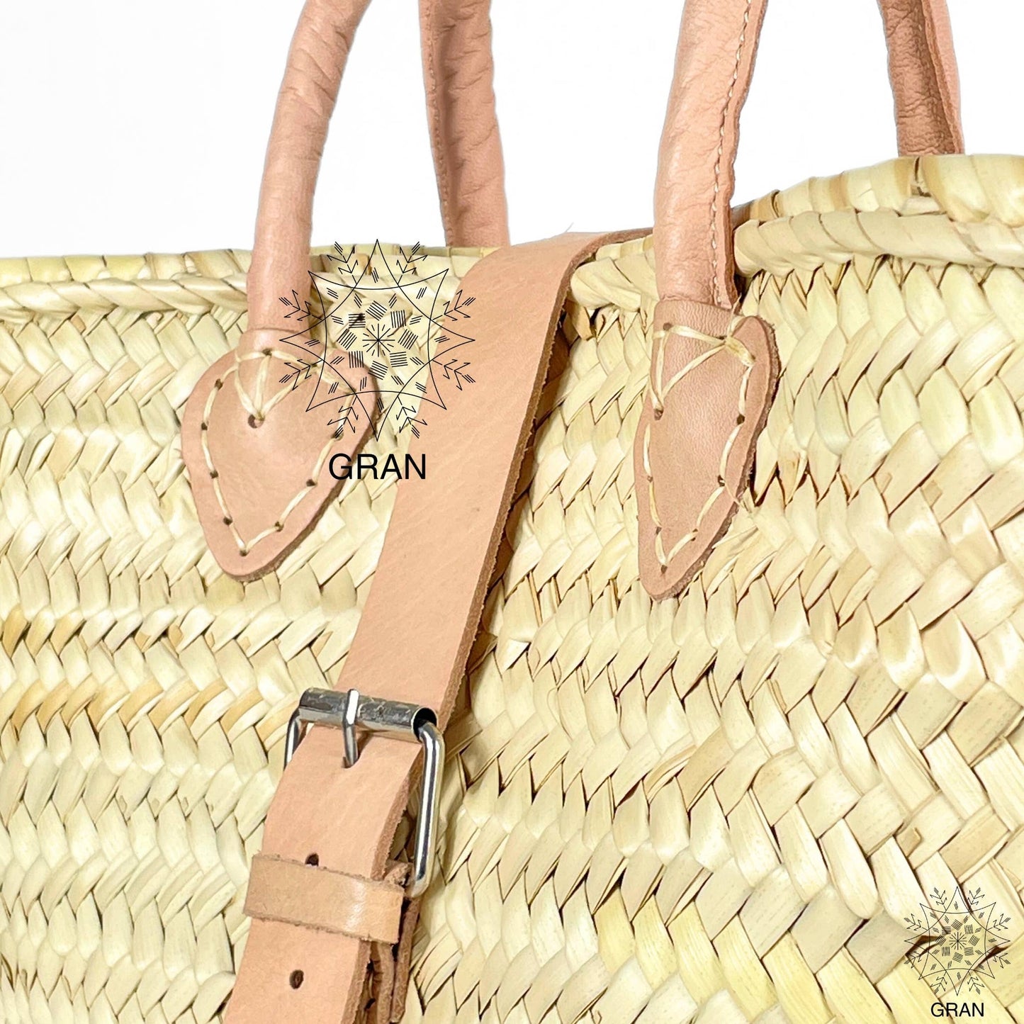 Straw Basket with Leather Buckle & Handle