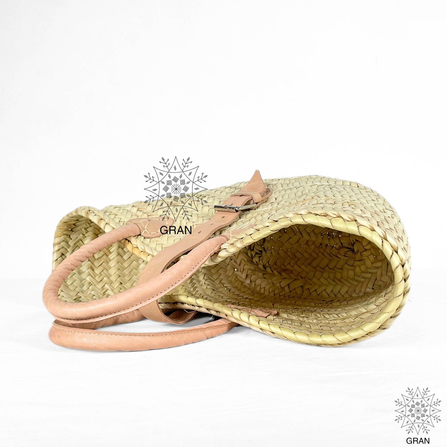 Straw Basket with Leather Buckle & Handle