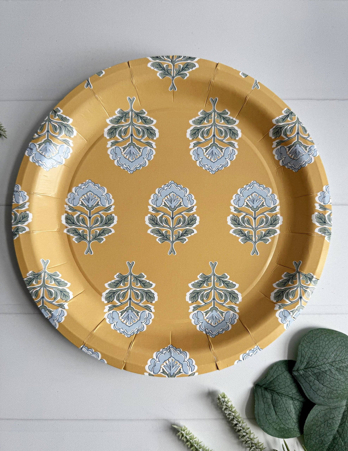 Blue Floral on Amber Block Print Dinner Plates - Premium Paper Plates