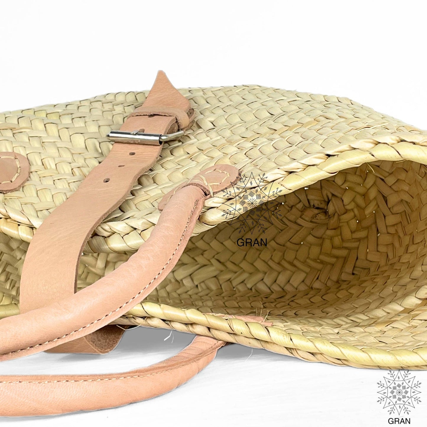 Straw Basket with Leather Buckle & Handle