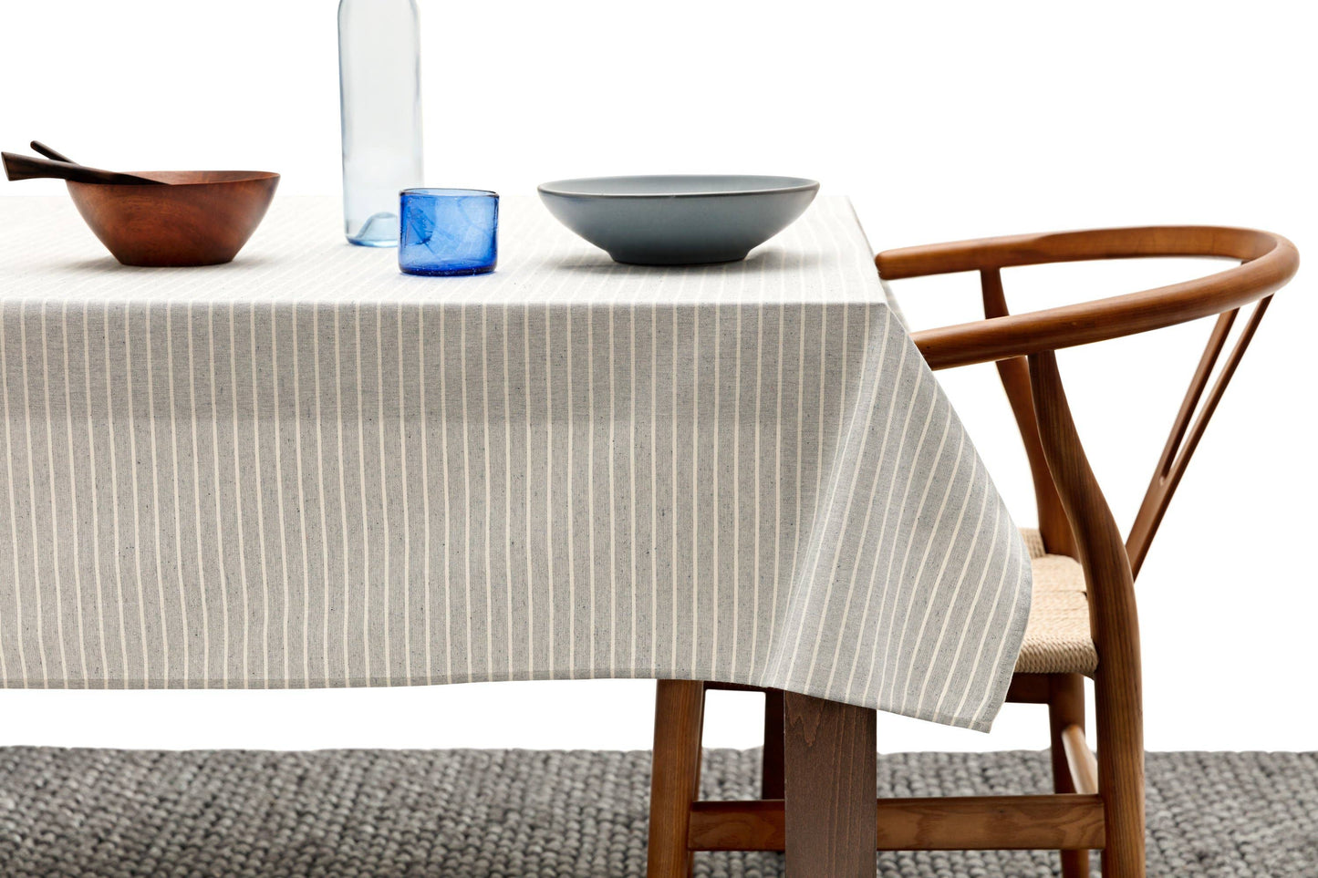 Dusty Blue Striped Tablecloth - Upcycled Cotton