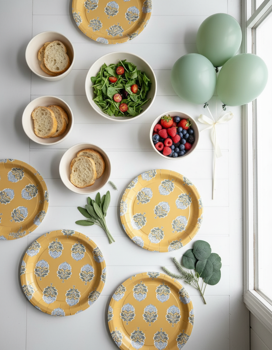 Blue Floral on Amber Block Print Dinner Plates - Premium Paper Plates
