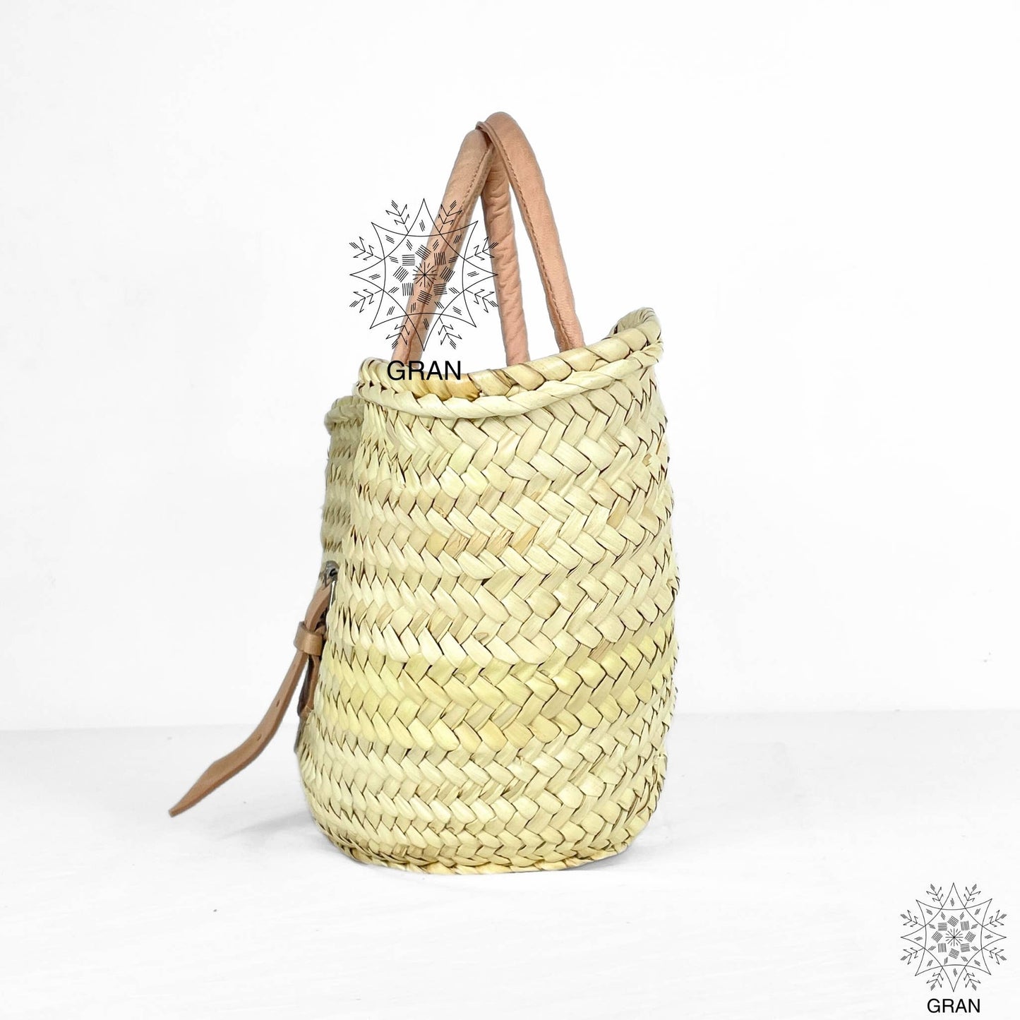 Straw Basket with Leather Buckle & Handle