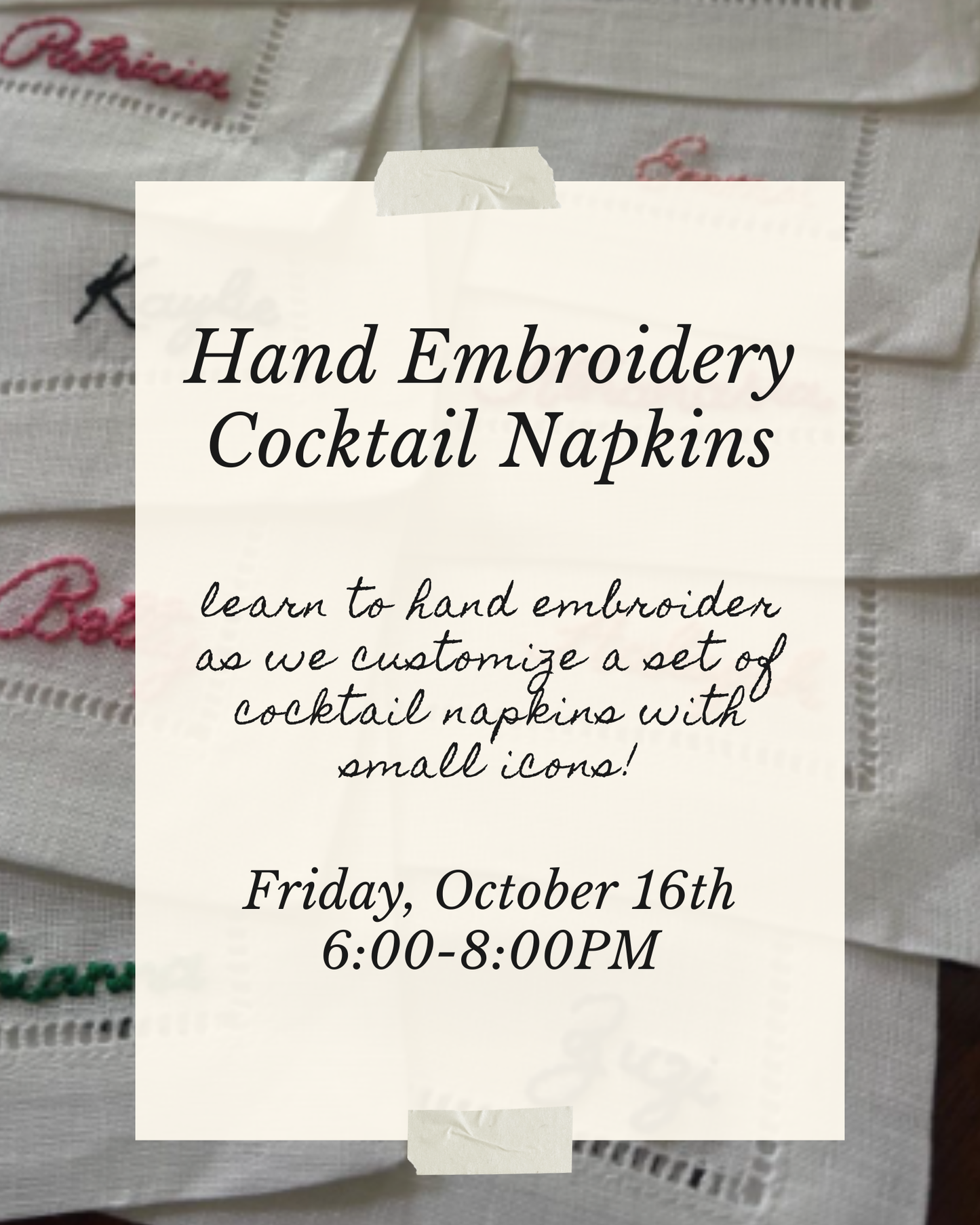 Hand Embroidered Cocktail Napkins: October 16th