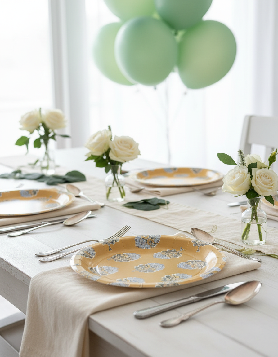 Blue Floral on Amber Block Print Dinner Plates - Premium Paper Plates