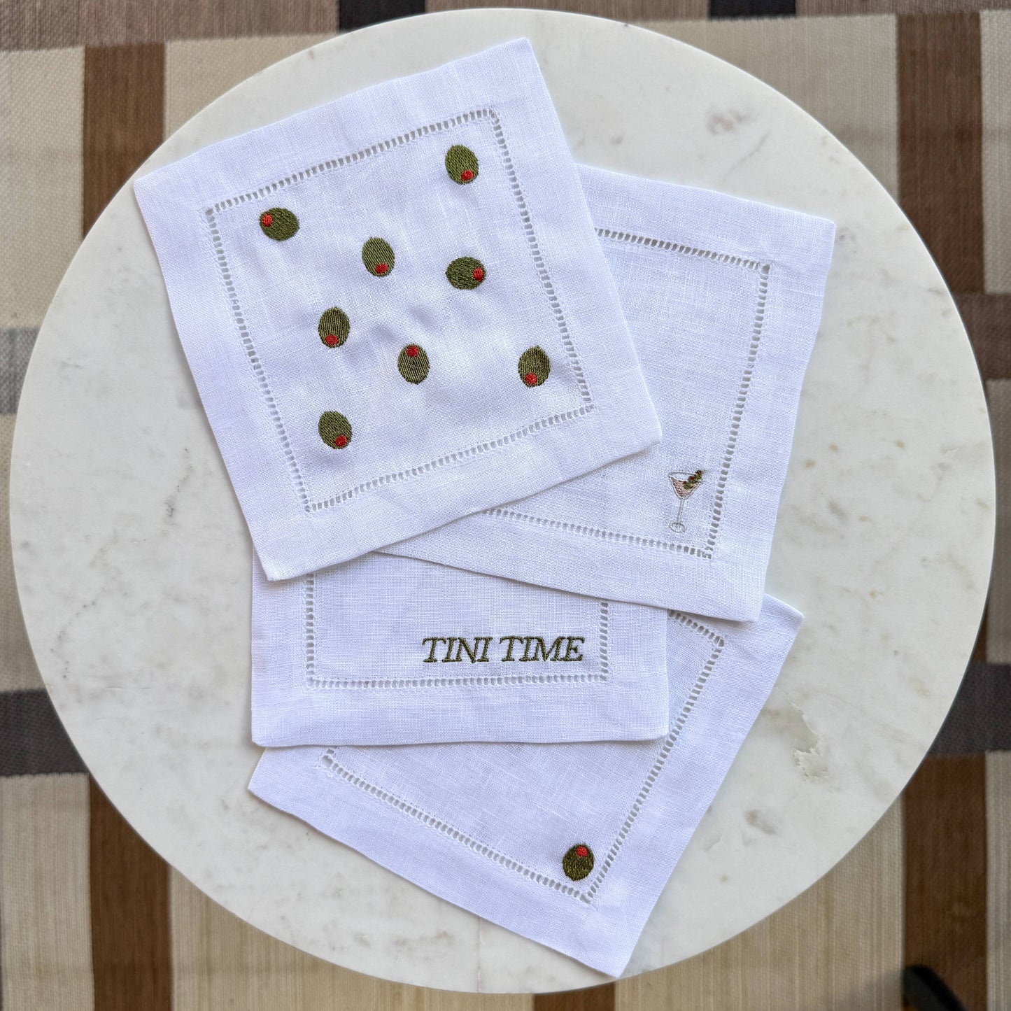 Olive Martini Embroidered Cocktail Napkin Set