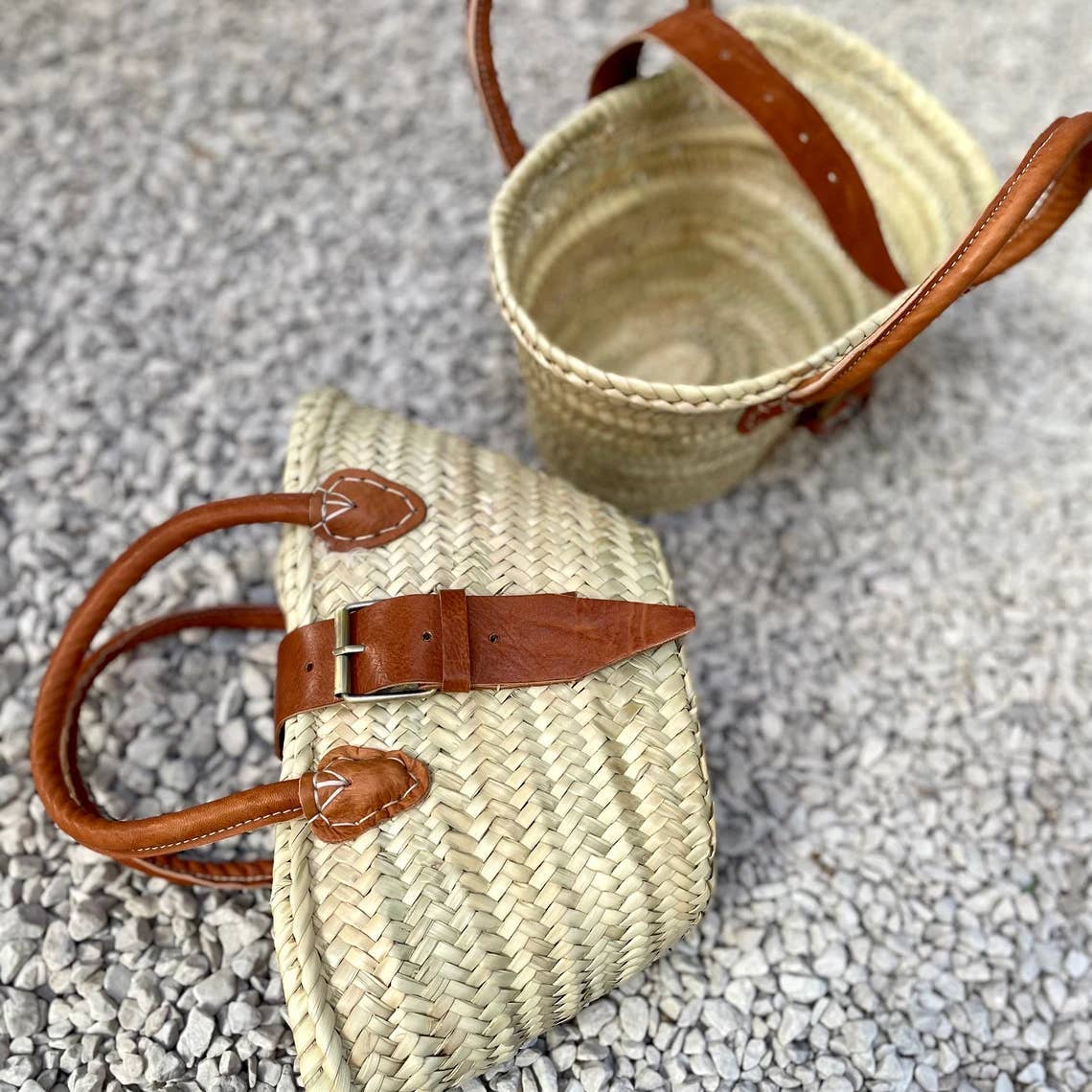 Straw Basket with Leather Buckle & Handle